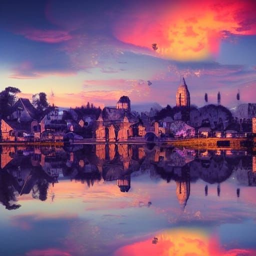 Soap Bubble Reflecting Sunset Town: Digital Matte Painting
