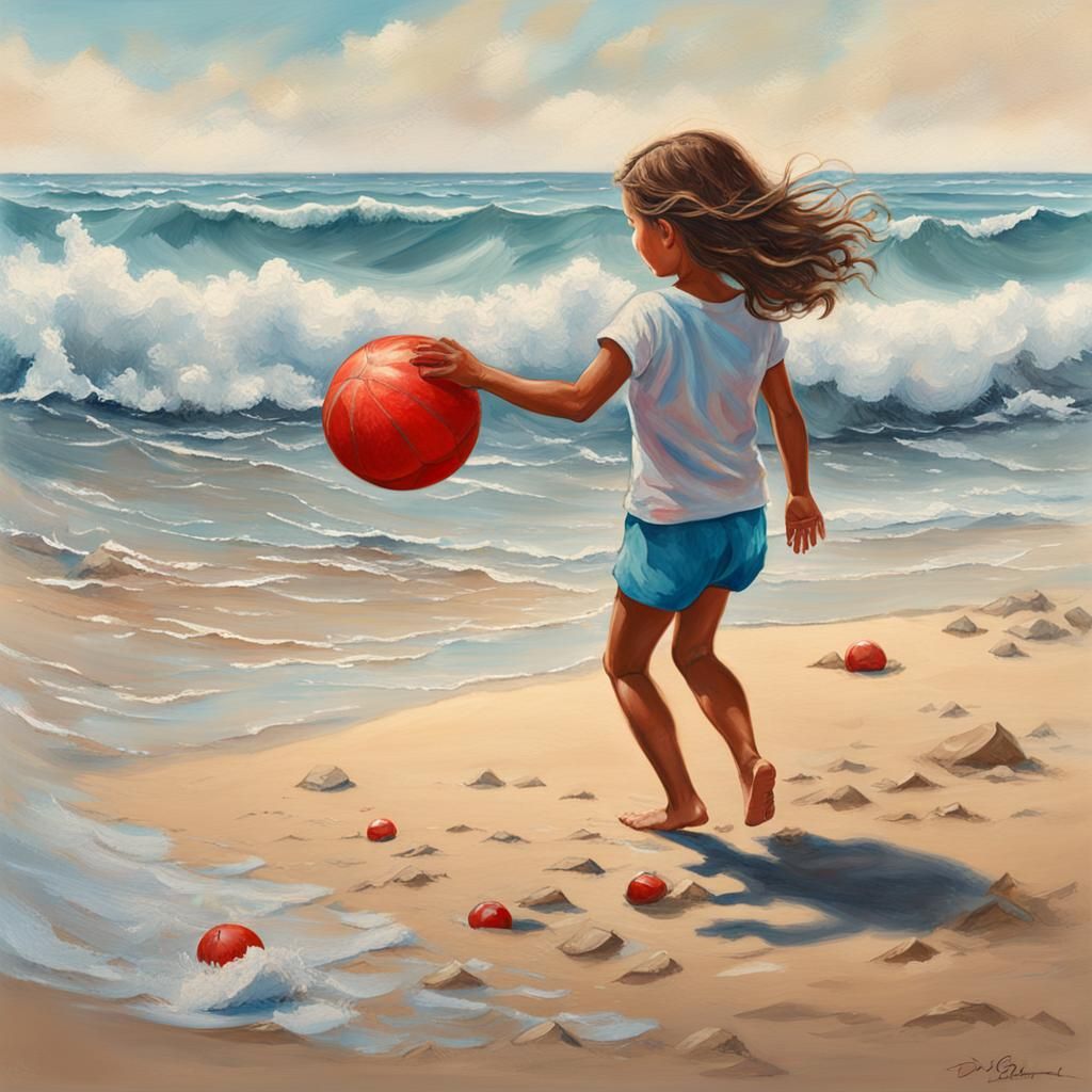 Pastel Beach Scene with Girl Playing Ball