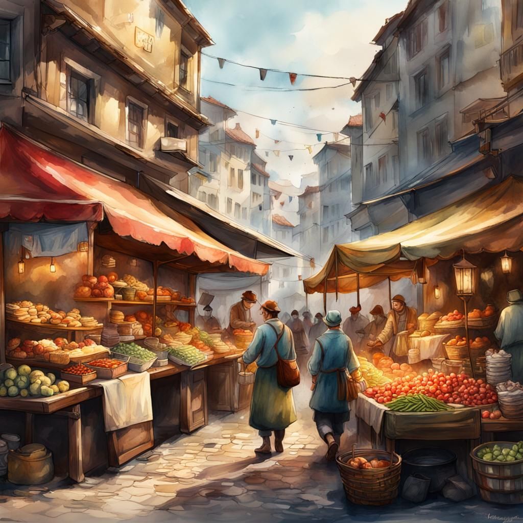 Bustling Street Market in Watercolor and Ink