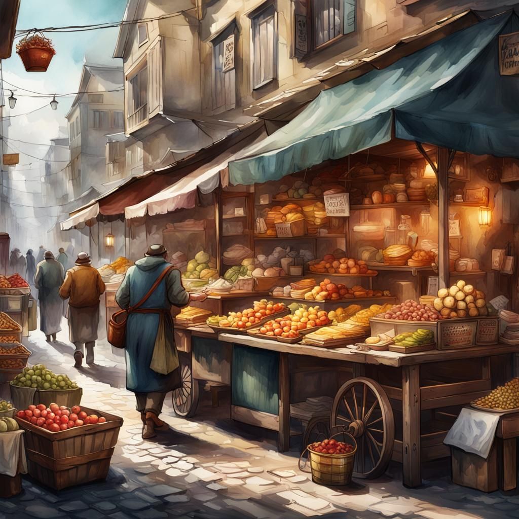 Lively Market Scene in Watercolor Style