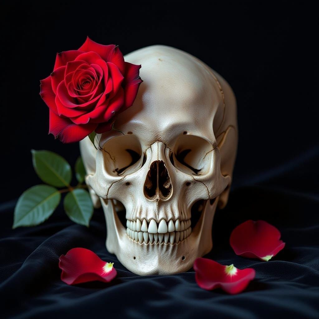 Macabre Beauty: Skull with Red Rose in Dark Romantic Style
