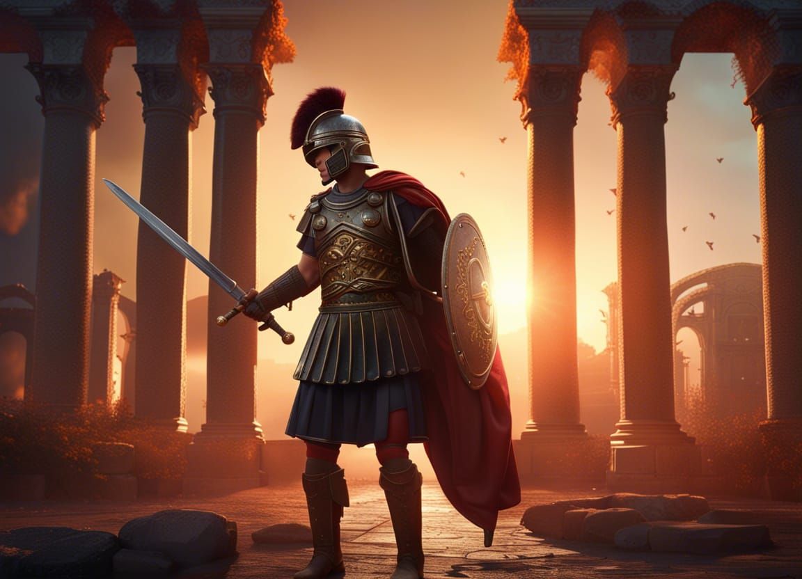 Roman Soldier Ready for Battle at Sunrise