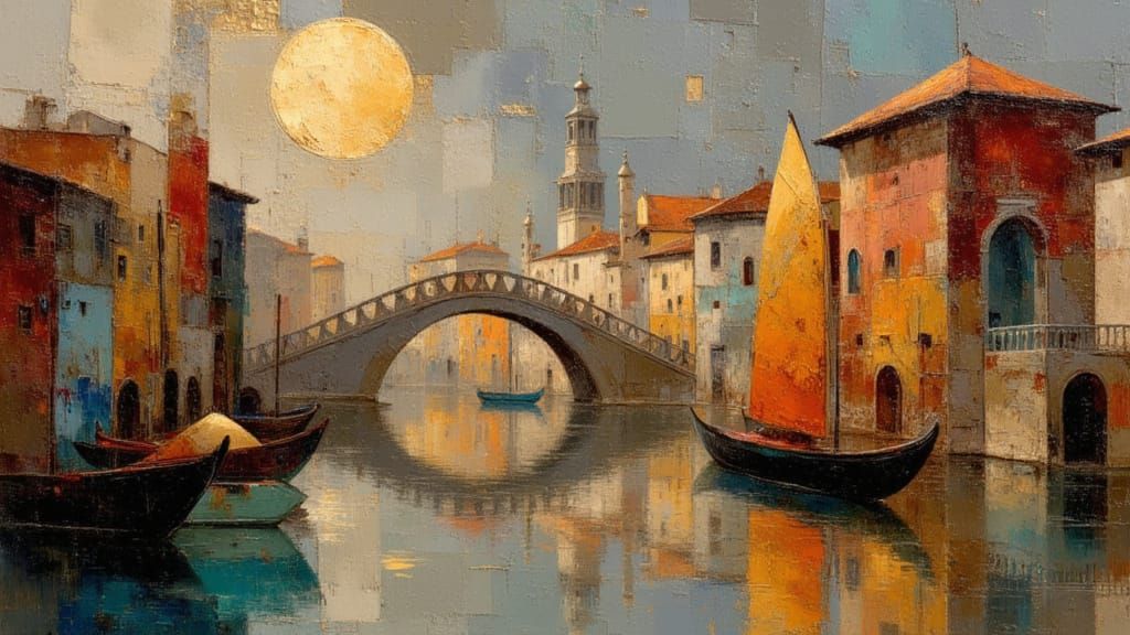 Venice Fairytale Cityscape at Moonlight: Oil Painting