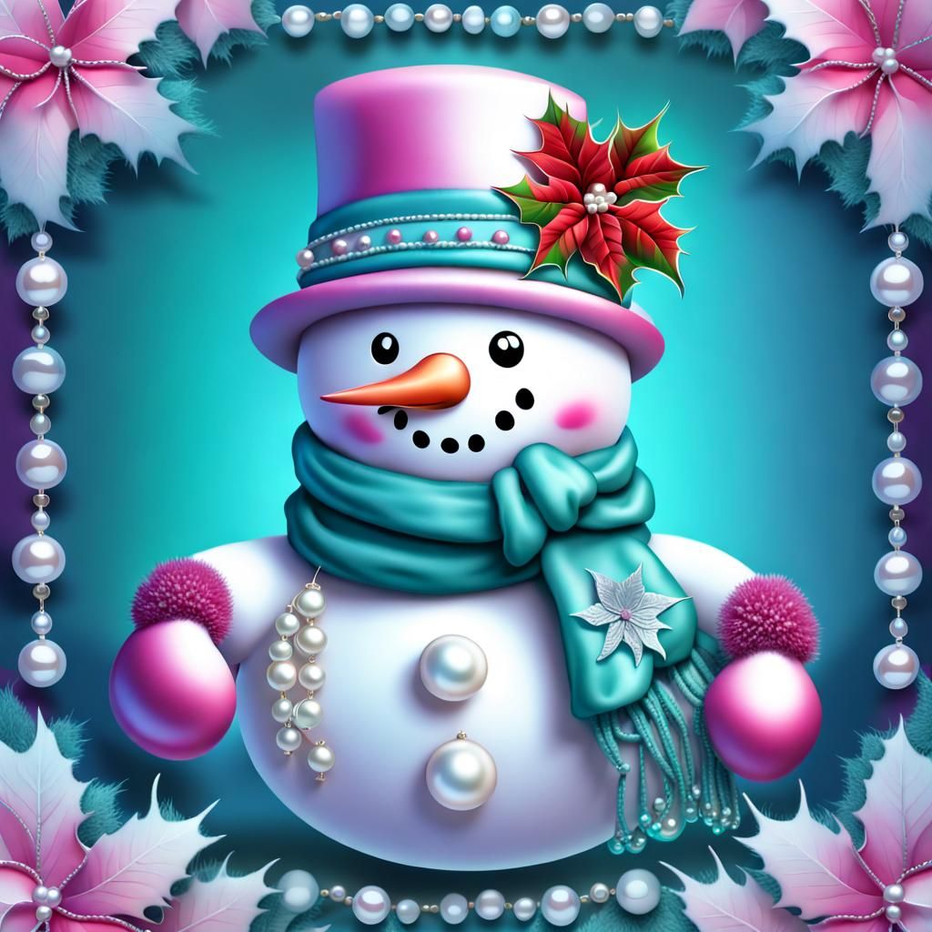 Elegant Shimmering Snowman with Poinsettias, Airbrushed Styl...