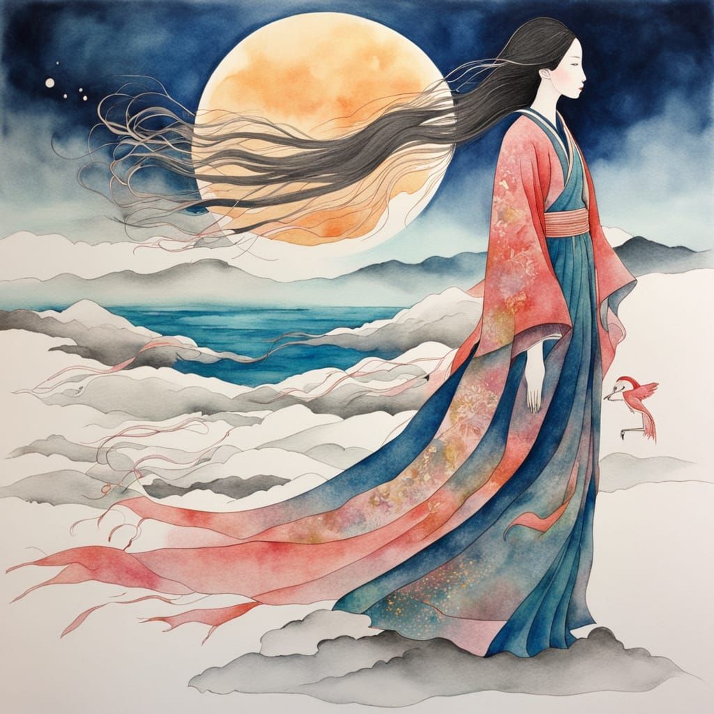 Surreal Japanese Goddess Rises with the Sun in Minimalist Wa...