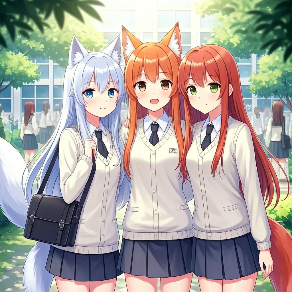 Anime Fox Girl and Friends at School