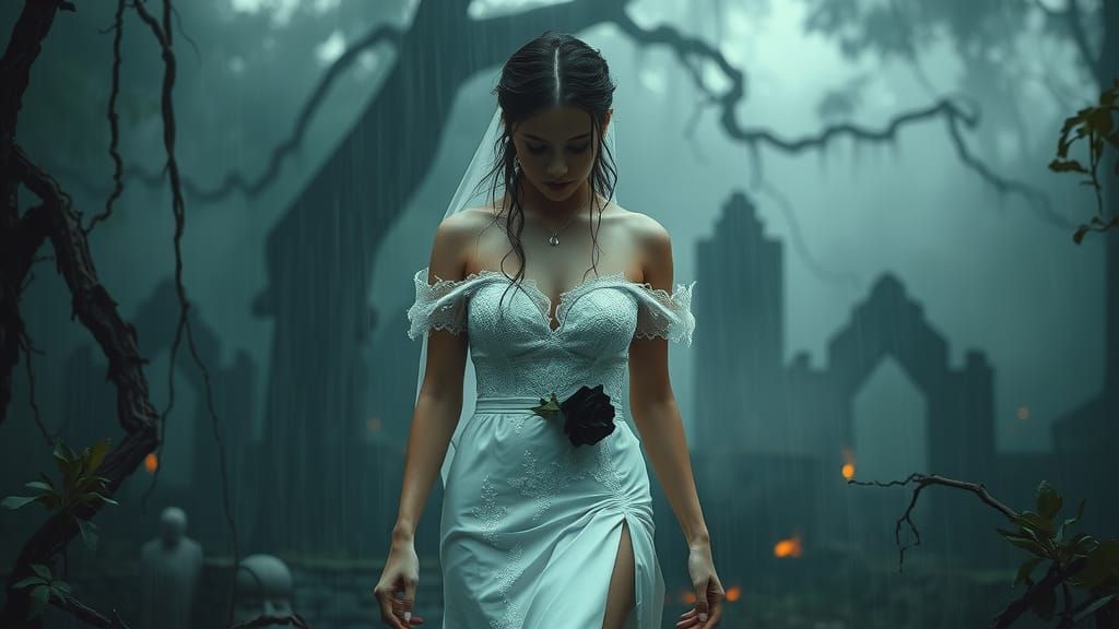 Gothic Bride Emerges from Burning Rainforest Shrine