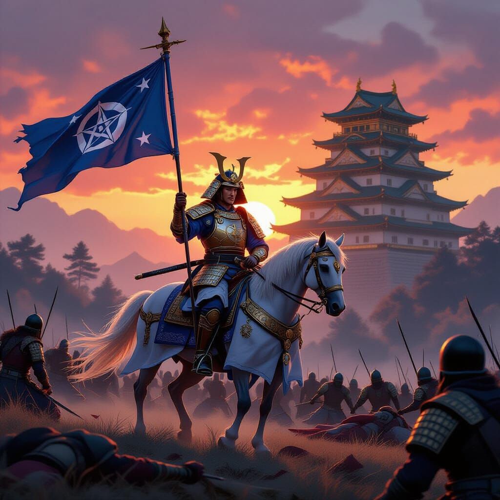 Samurai Warrior with Banner in Forest Battlefield