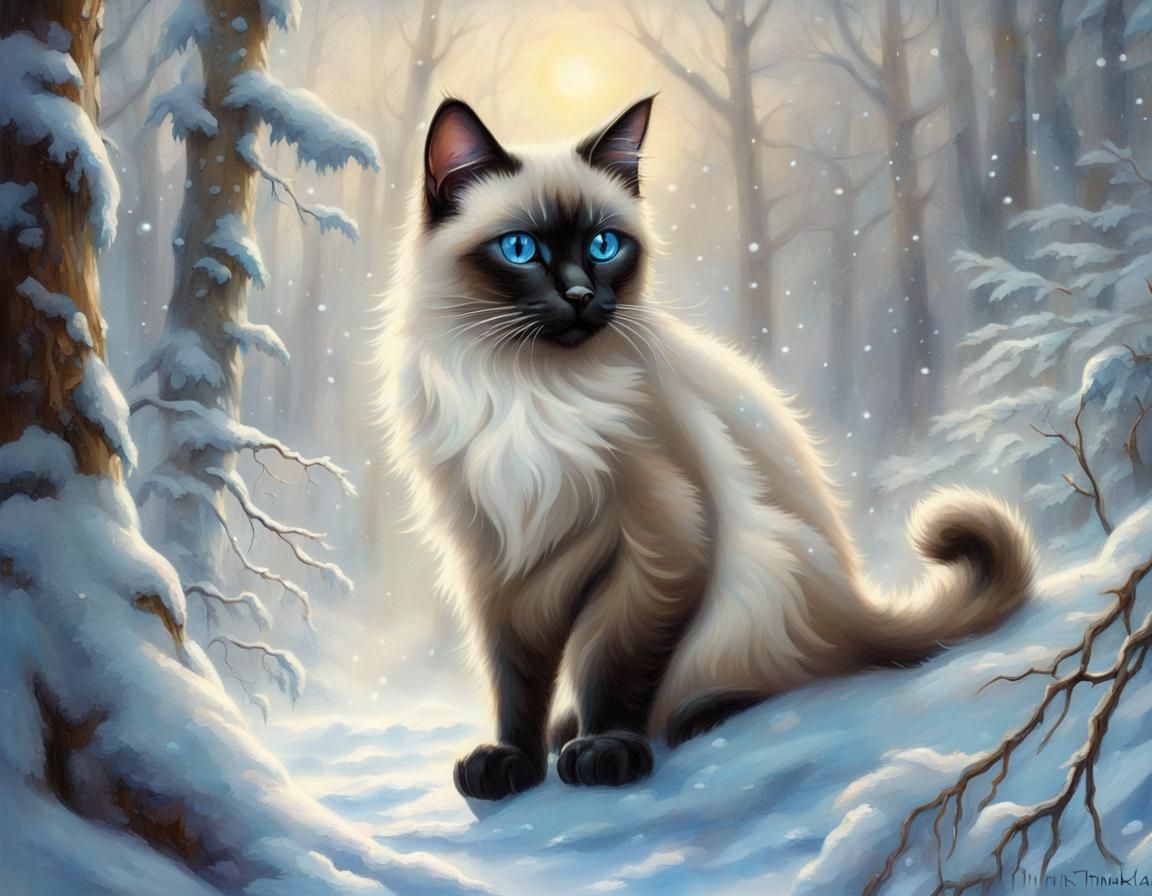 Siamese Cat's Snowy Forest Adventure