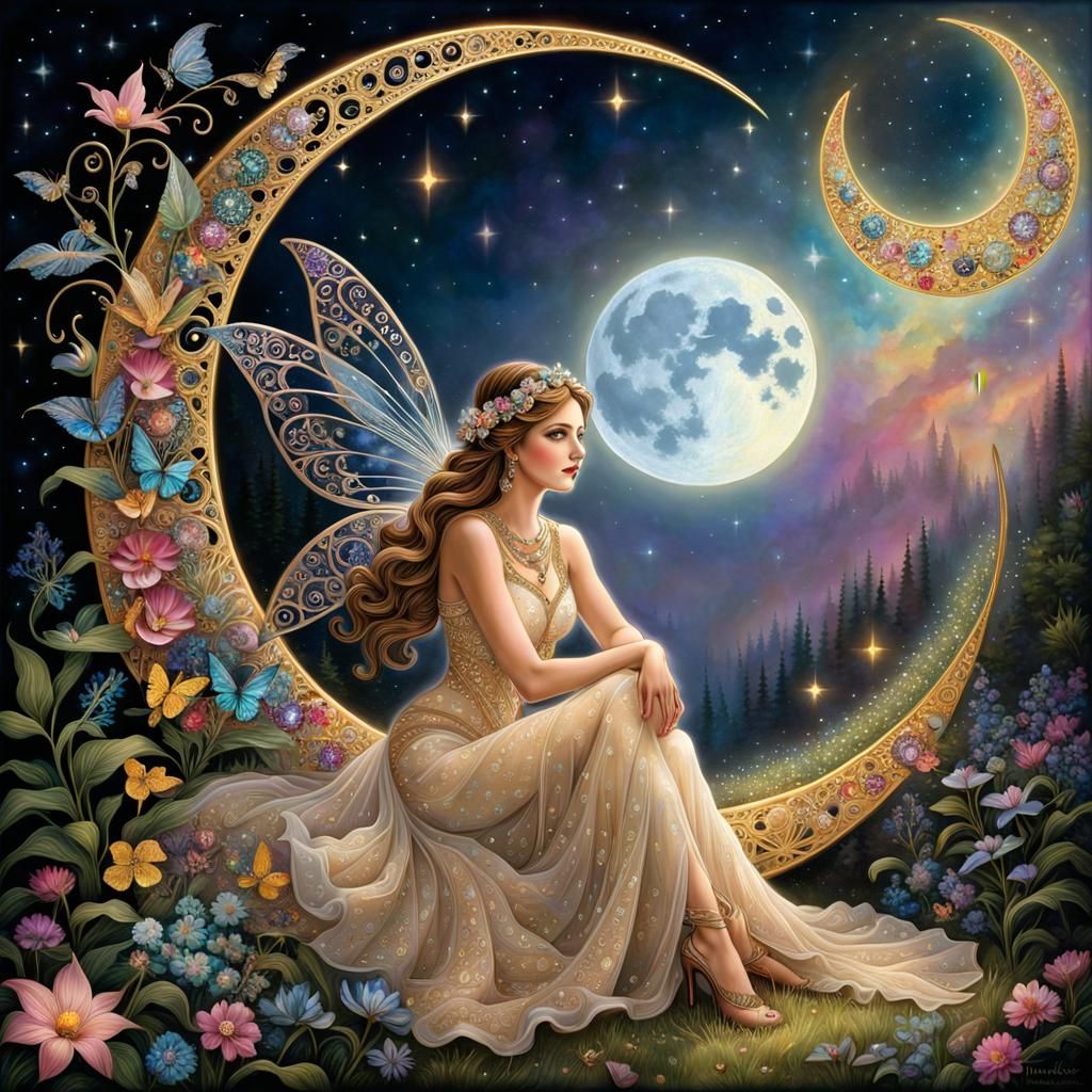 Fairy on Filigree Moon with Crystals and Flowers