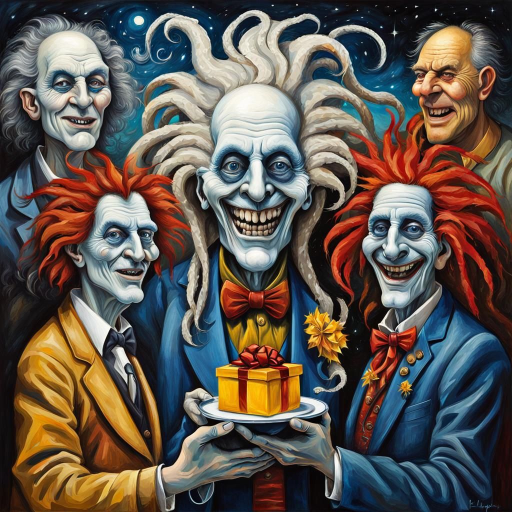 Cosmic Characters at Housewarming Party as Oil Painting