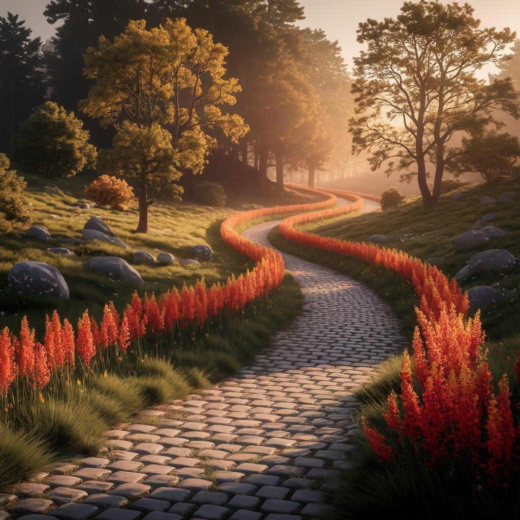 Winding Forest Path Oil Painting with Vibrant Flowers