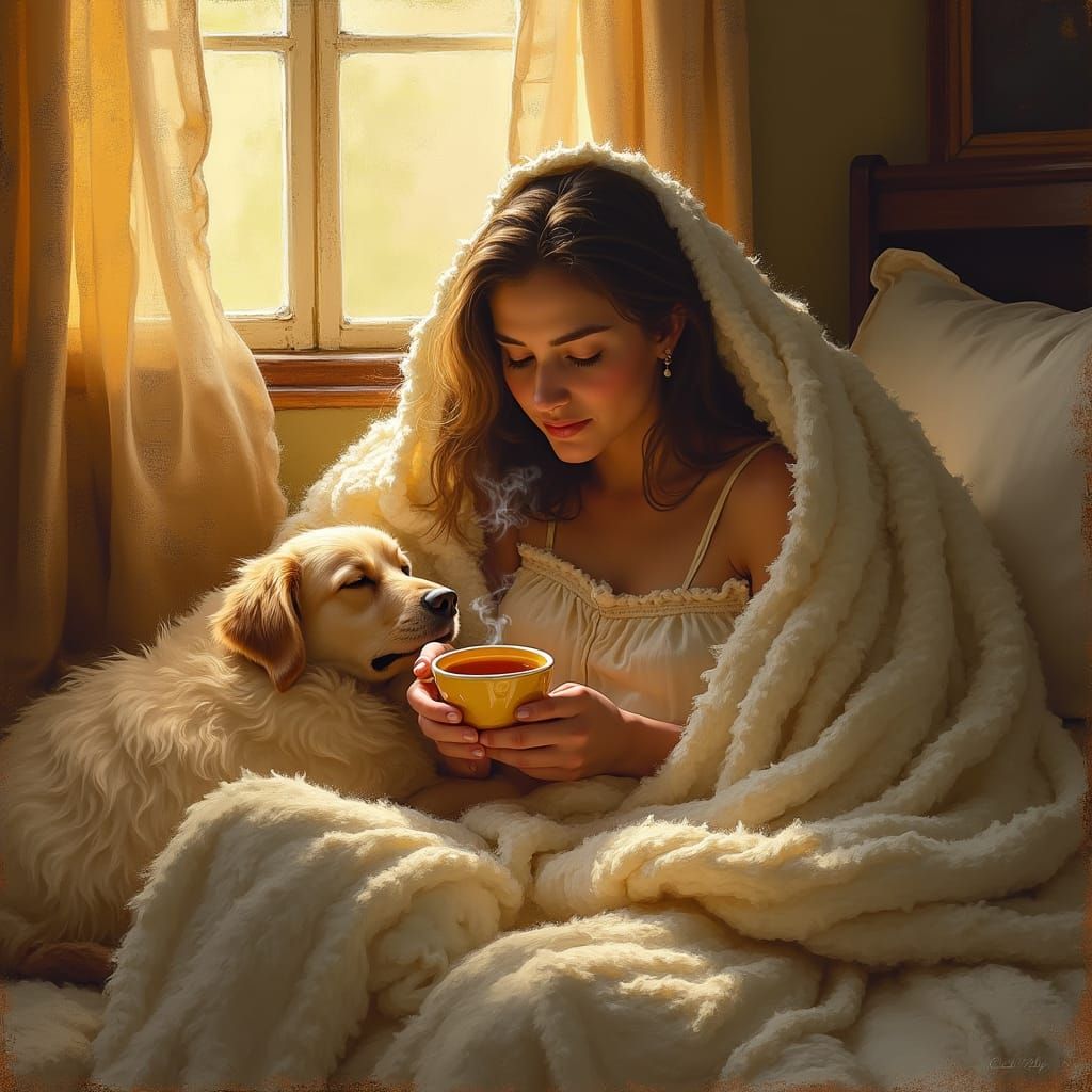 Cozy Impressionist Scene with Woman, Dog, and Tea