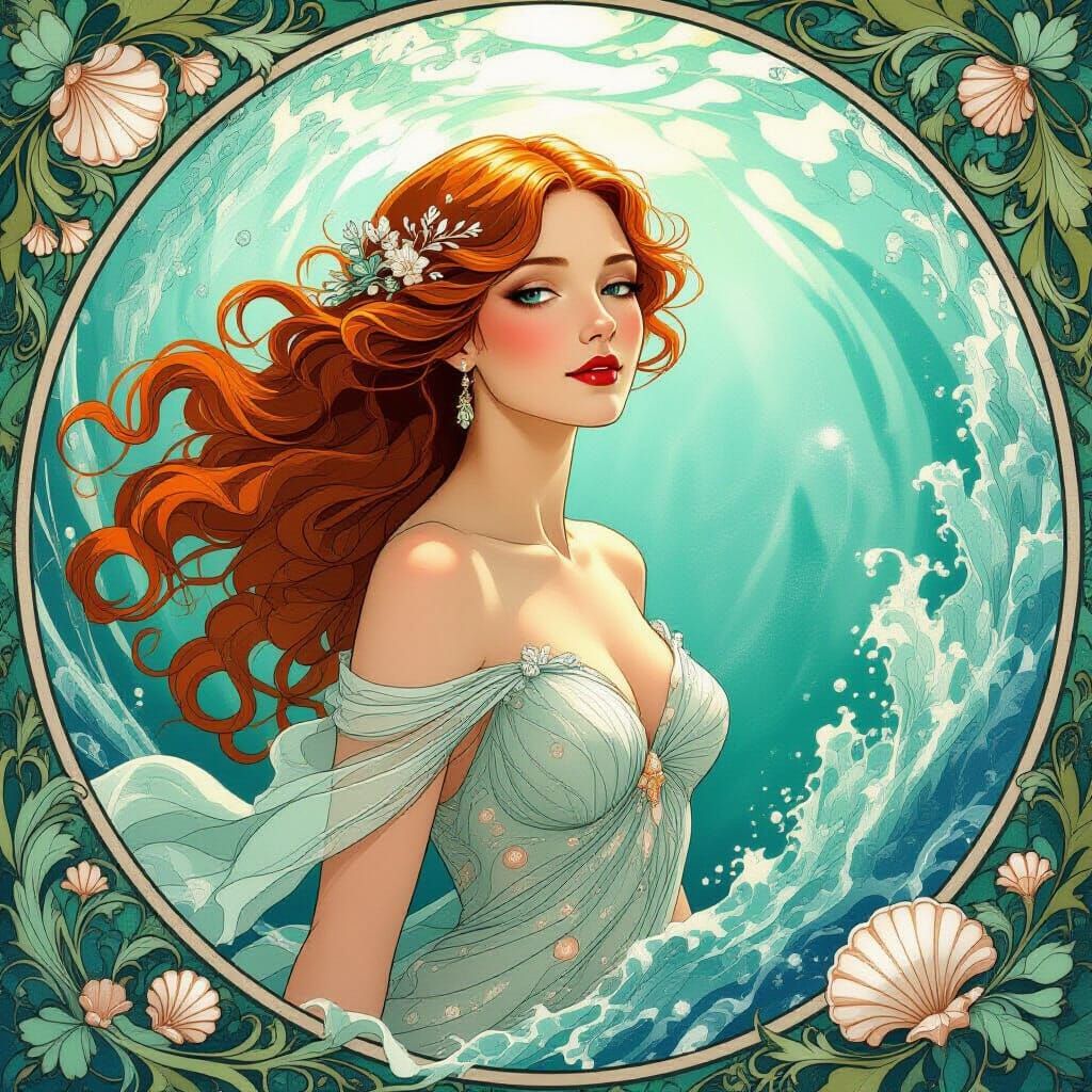 Art Nouveau Woman in Ocean Vortex