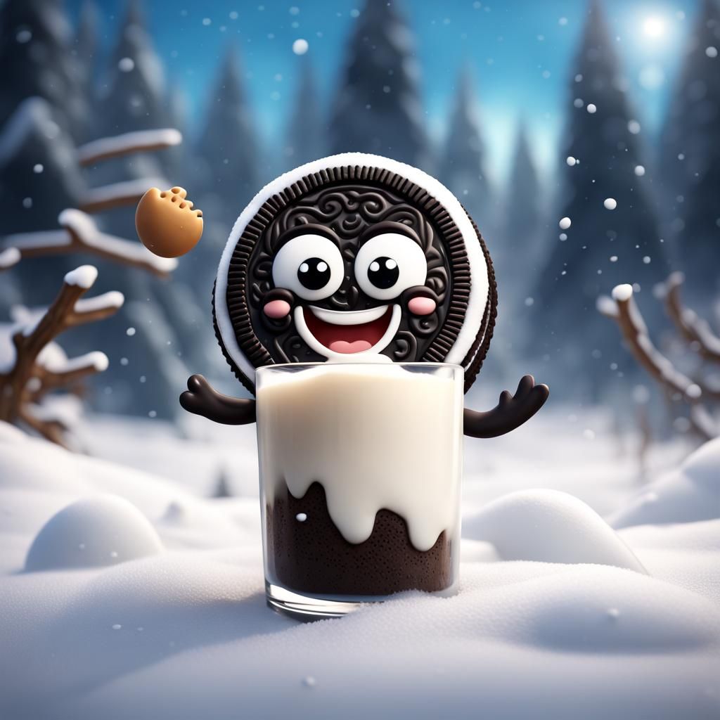 Smiling Oreo Cookies Enjoying Winter Snowfall