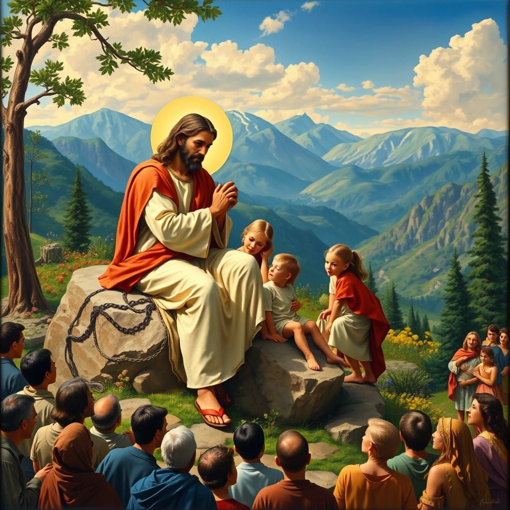 Lord Jesus Surrounded by Children and People in a Vibrant Ga...