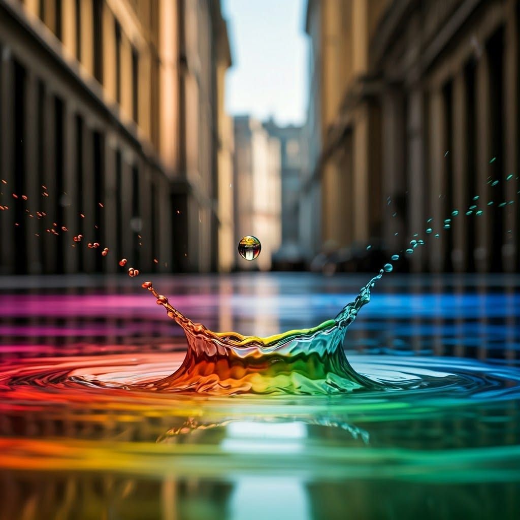 Rainbow Water Drop Splashing on City Street