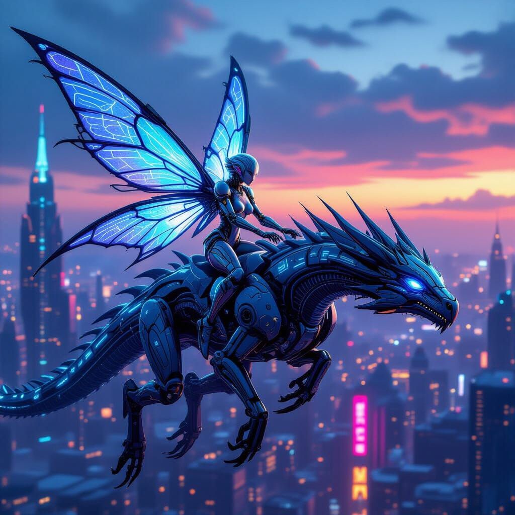 Cyborg Fairy Rides Mechanical Dragon Through Alien City
