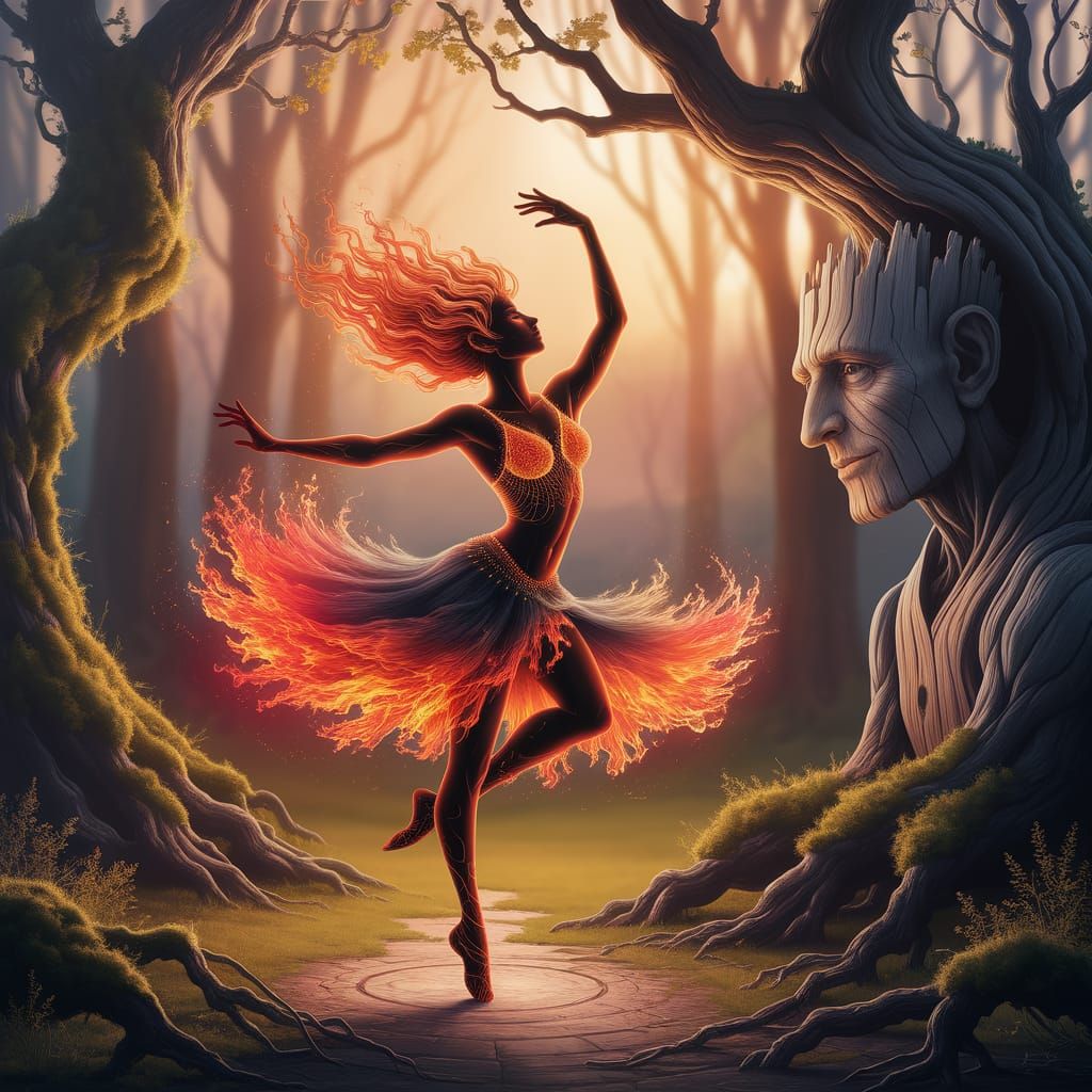 Fire Dancer and Reverent Tree in Ethereal Forest