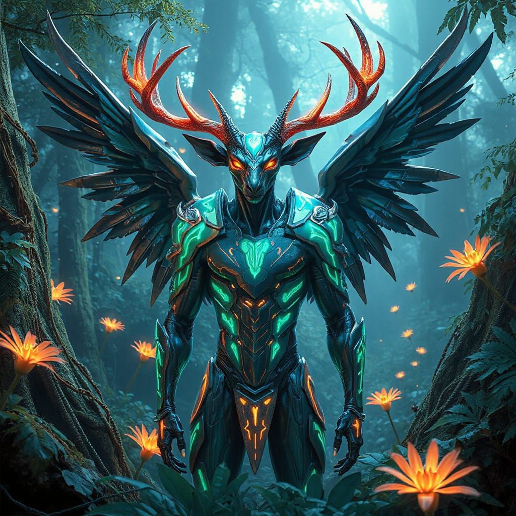 Cybernetic Angel Antelope in Bioluminescent Forest
