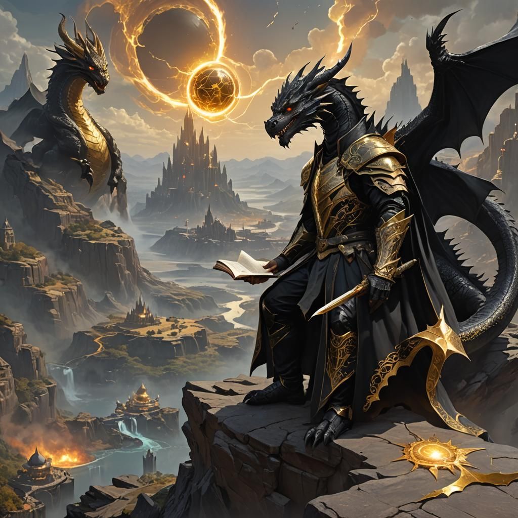 Black Star Dragon and Mage in Hyperrealistic Art