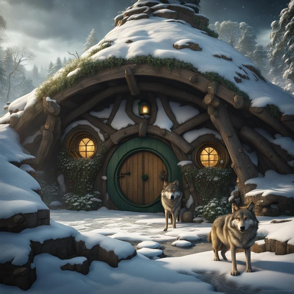 Wolves Guard Hobbit Hole in Snowy Shire
