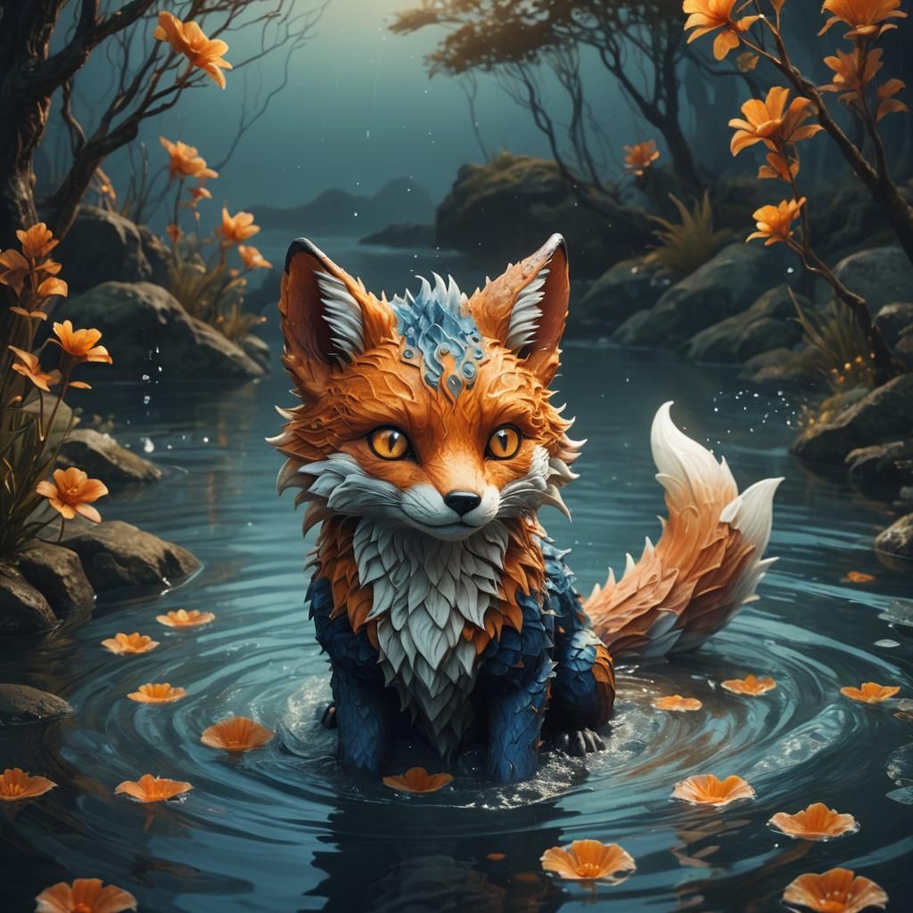 Realistic Water Fox Monster in Matte Painting Style