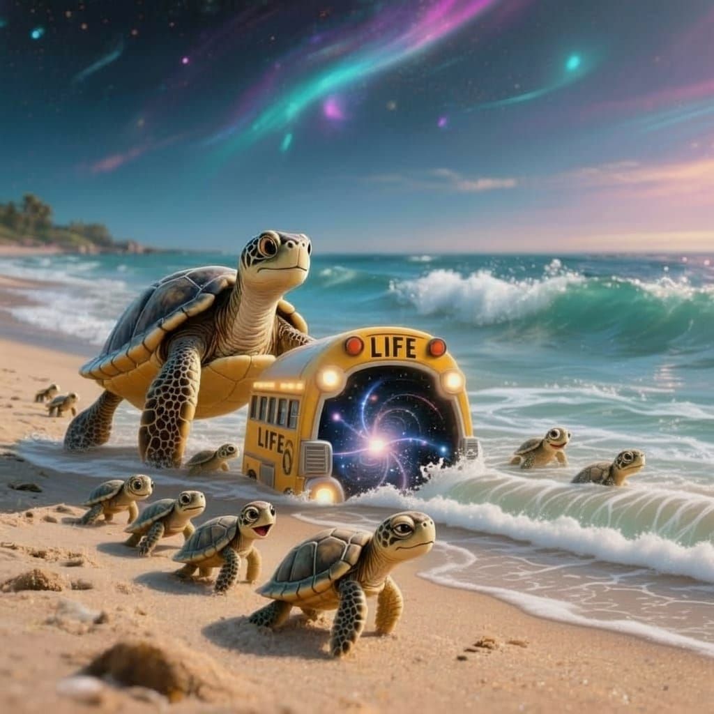 Cosmic Turtles Emerge from the Ocean in Synthwave Style