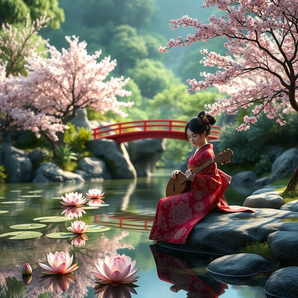Japanese Garden with Sakura Trees in Anime Style