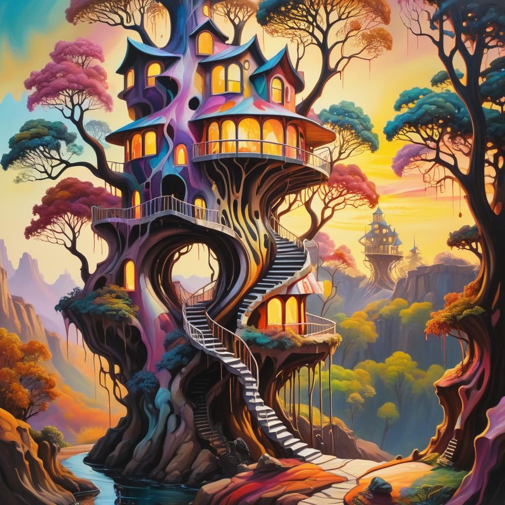 Surreal Treehouse Landscape in Oil Paint