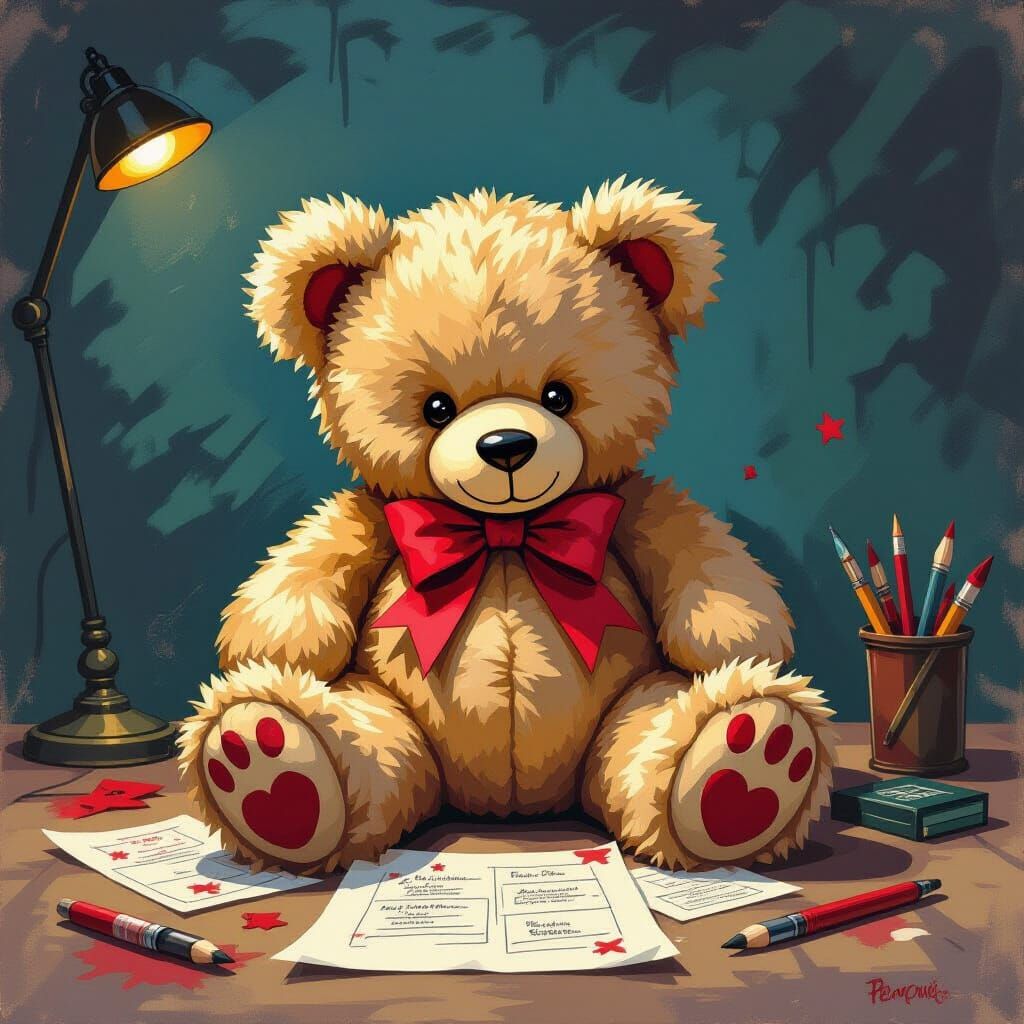 Mischievous Teddy Bear's Evil Plans in Gouache Painting