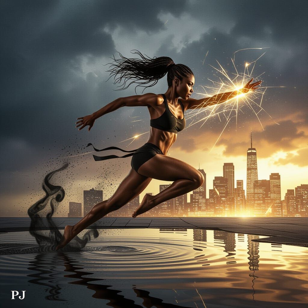 Dynamic Woman Mid-Leap Blending Charcoal and Digital Art