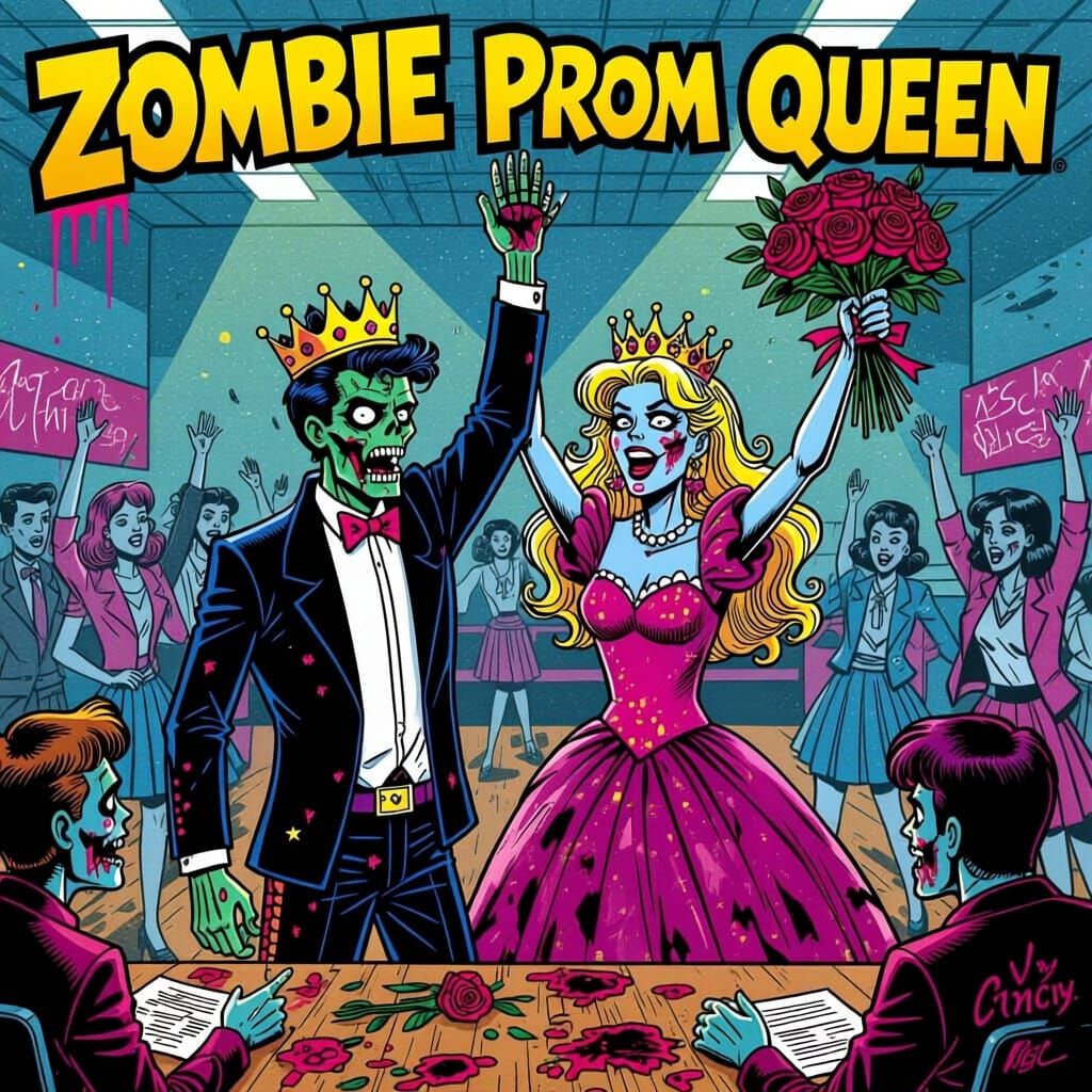 Zombie Prom King and Queen in 80s Archie Comic Style