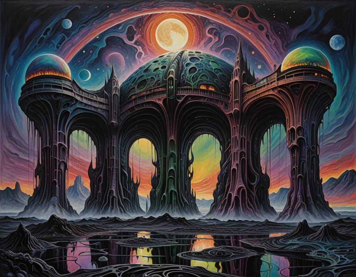 Surreal Melting Moonlit Alien Cityscape in Hyper-Maximalist...