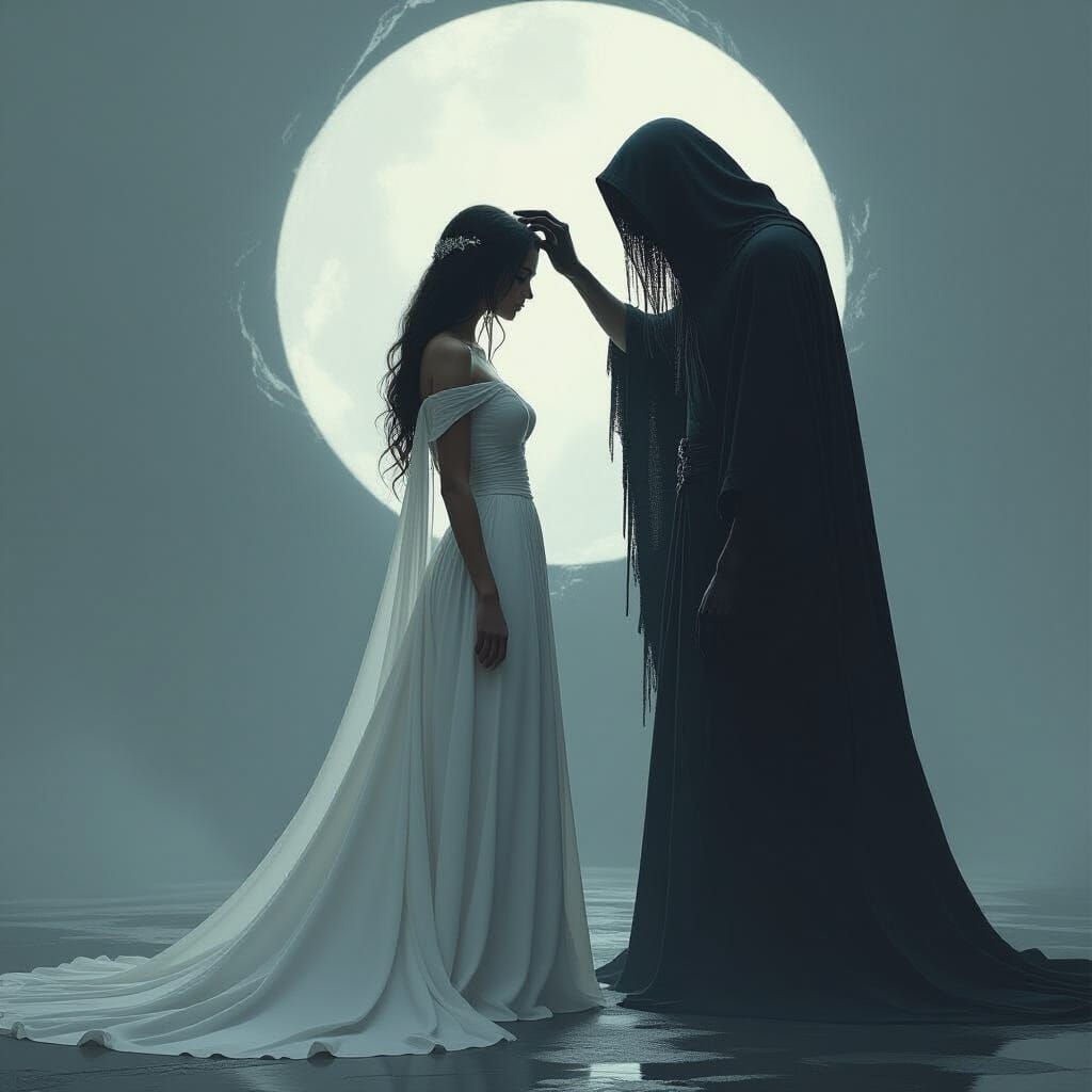 Mystical Encounter: Woman and Shadow in Dramatic Lighting