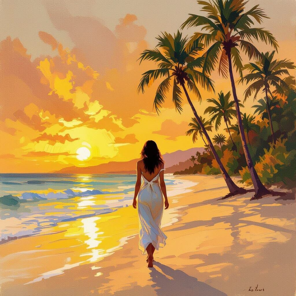 Woman on Sunset Beach in Impressionist Style