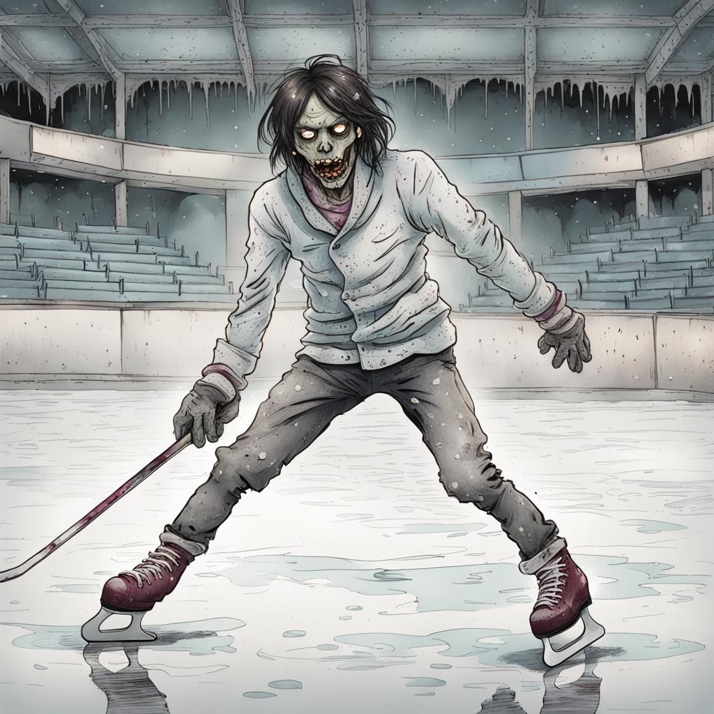 Zombie Figure Skater in Destroyed Arena: Pen and Ink