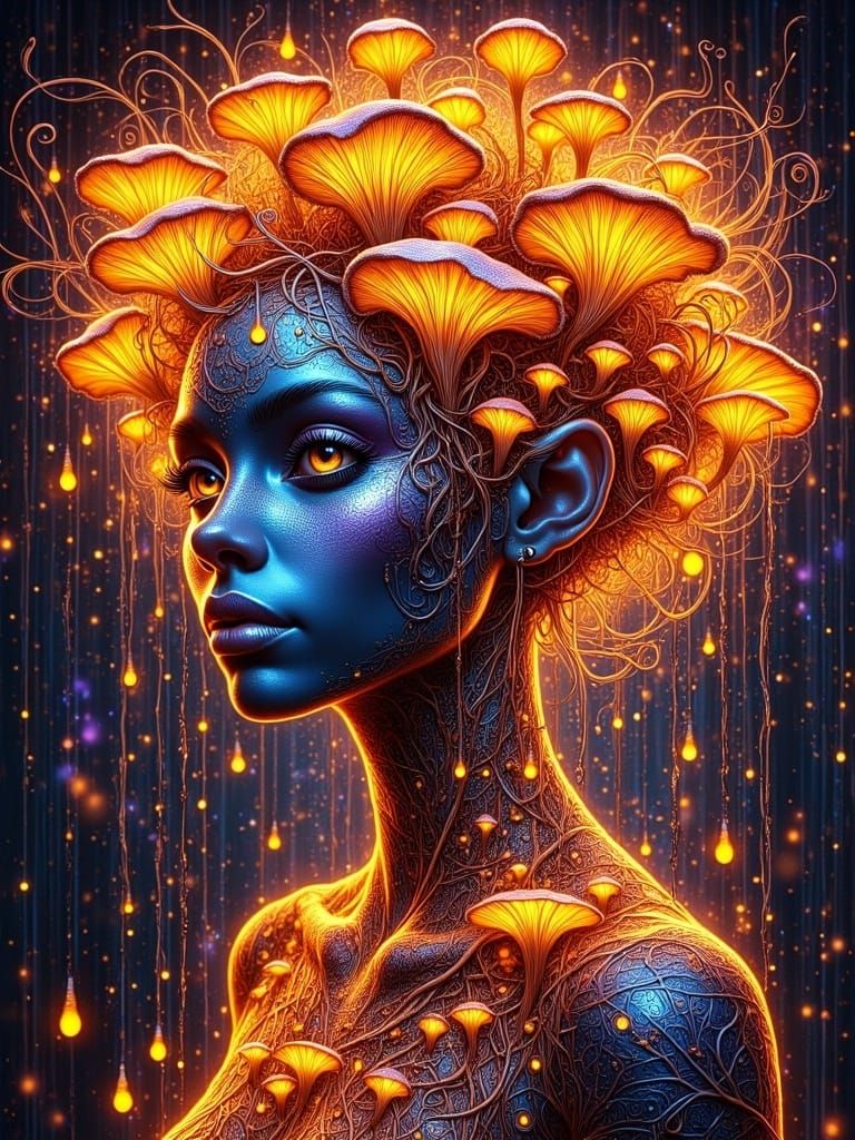 Cyberpunk Goddess Radiates Light Among Vibrant Mushrooms and...
