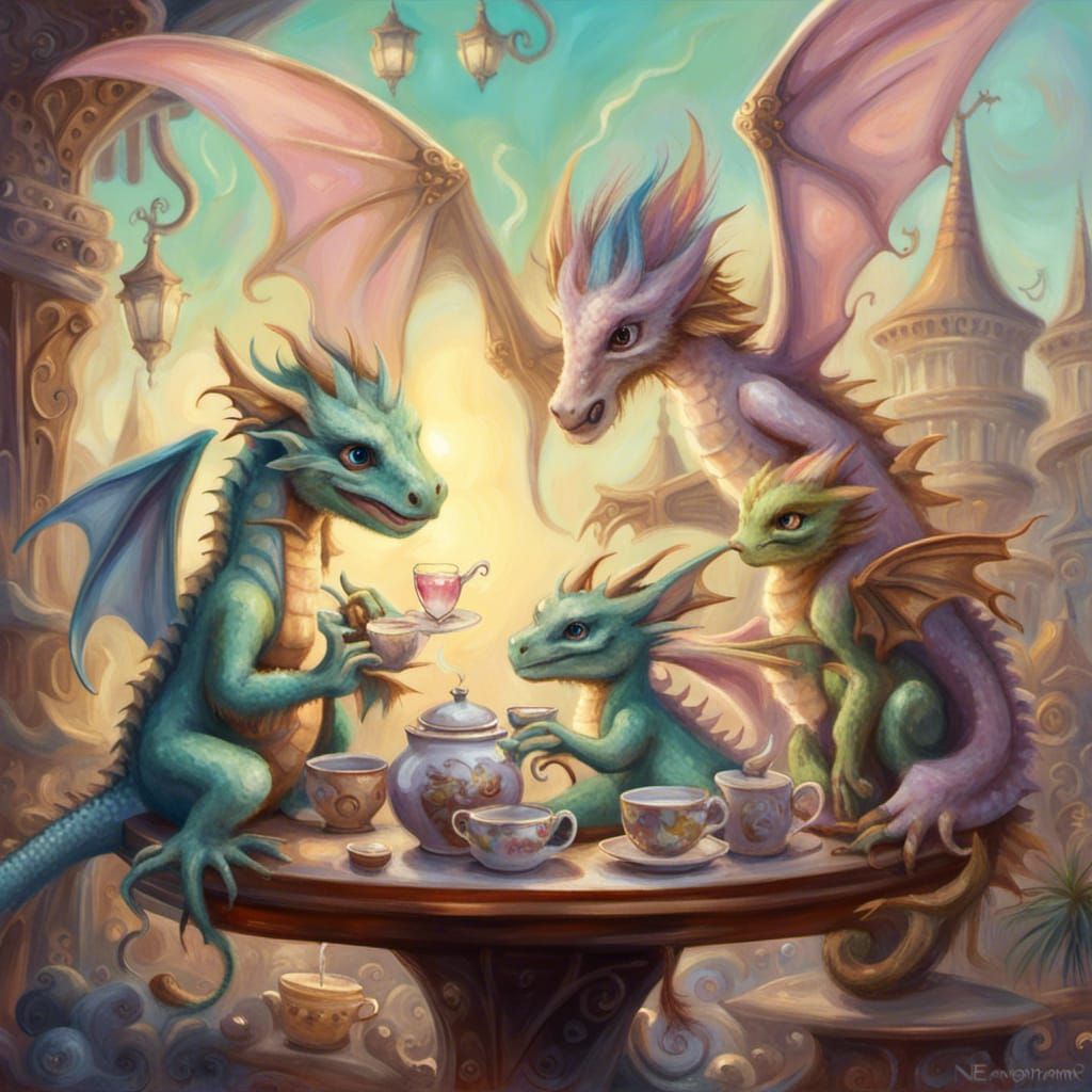Pastel Dragon Tea Party in Steampunk City
