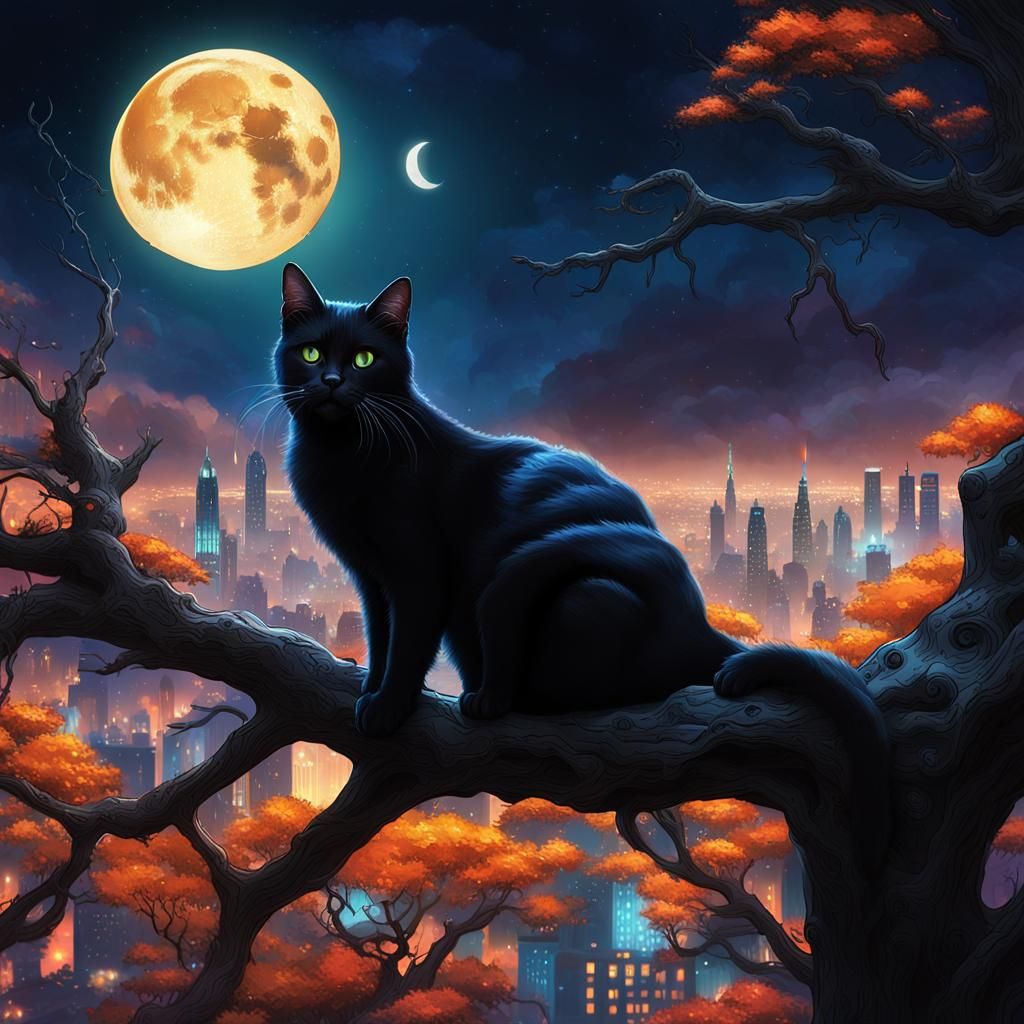 Black Cat Gazing at Moon City: Graffiti Art