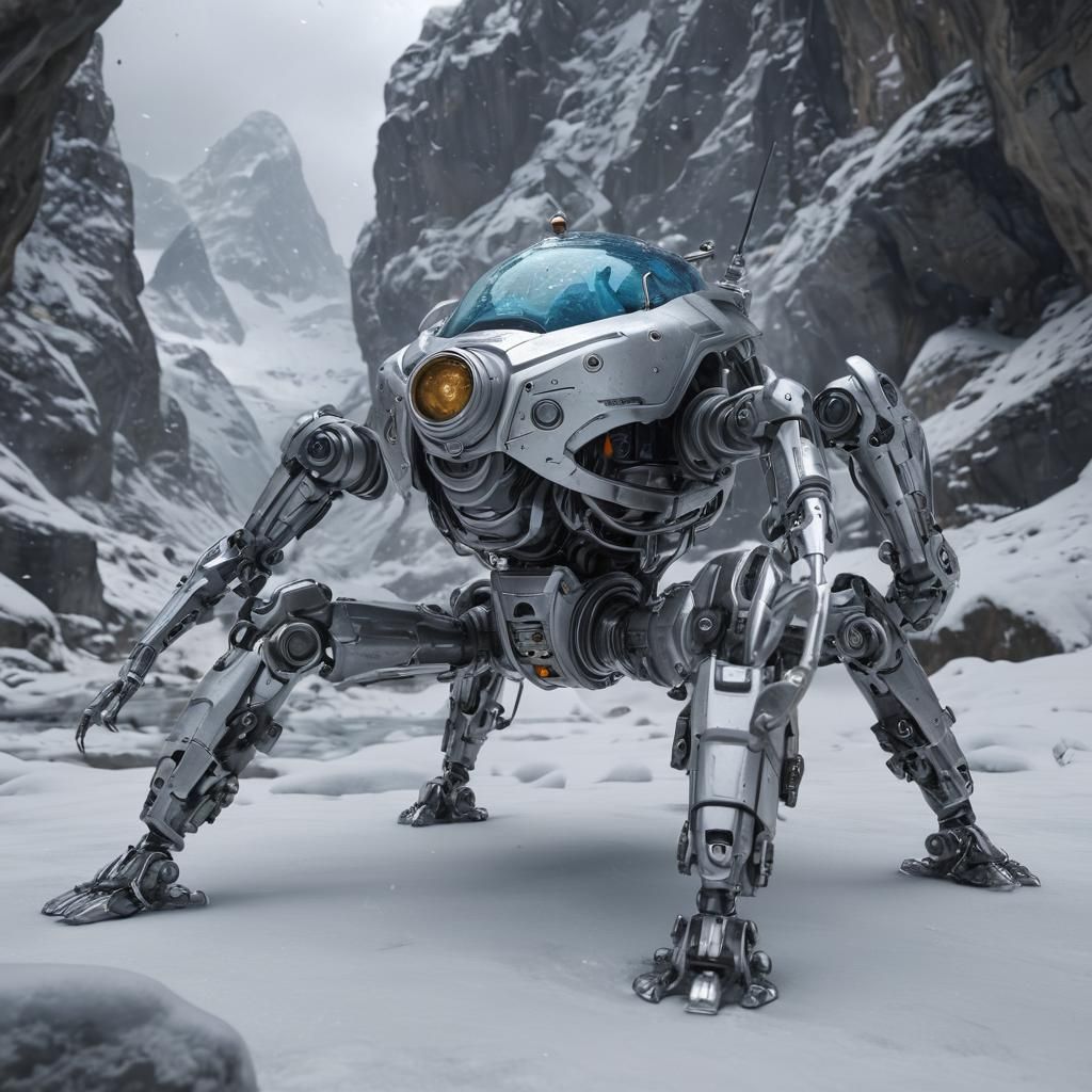 Hyperrealistic Insect Robot in Snowy Landscape