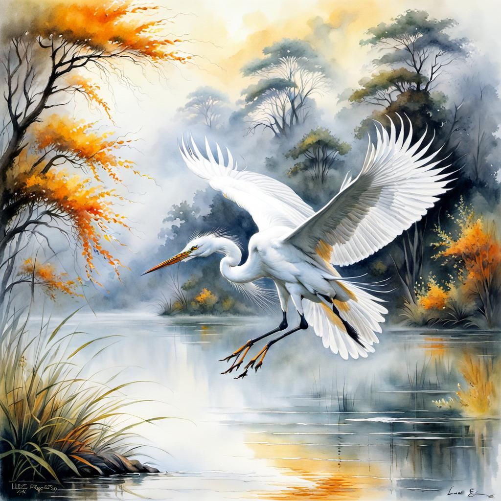 An egret lands