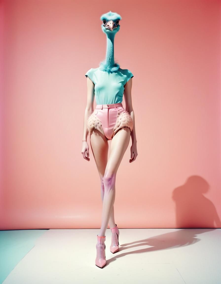Ostrich Head Fashion Model in Risograph Style