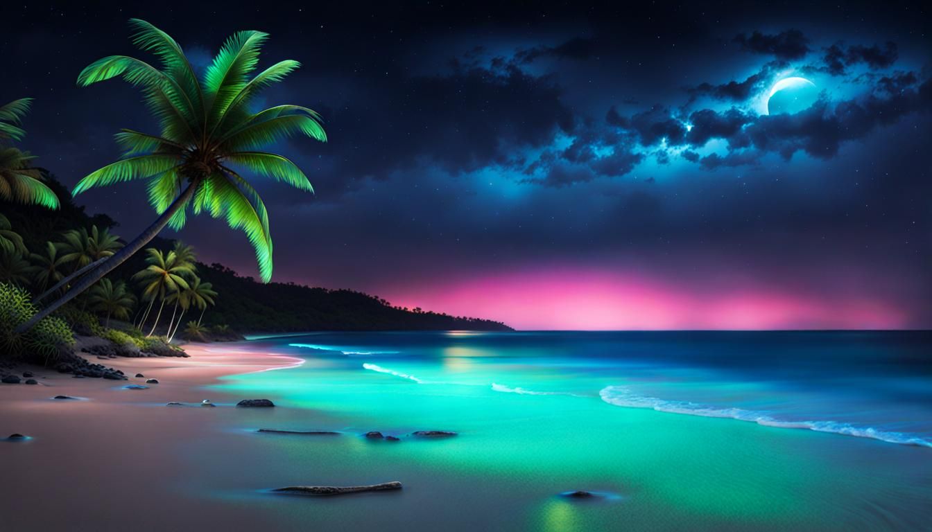 Bioluminescent Tropical Beach at Night