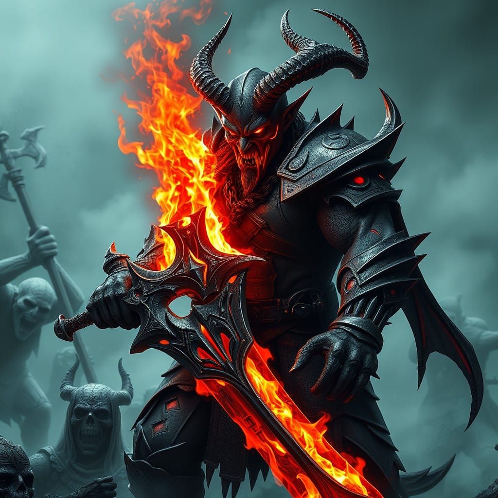 Dark Demon Warrior amidst Eerie Battlefield