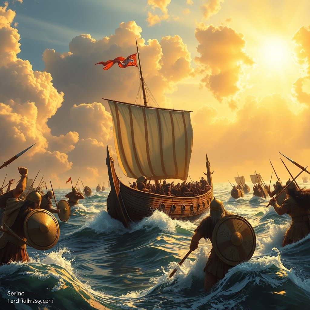 Viking Warriors Clash Amidst Golden Skies