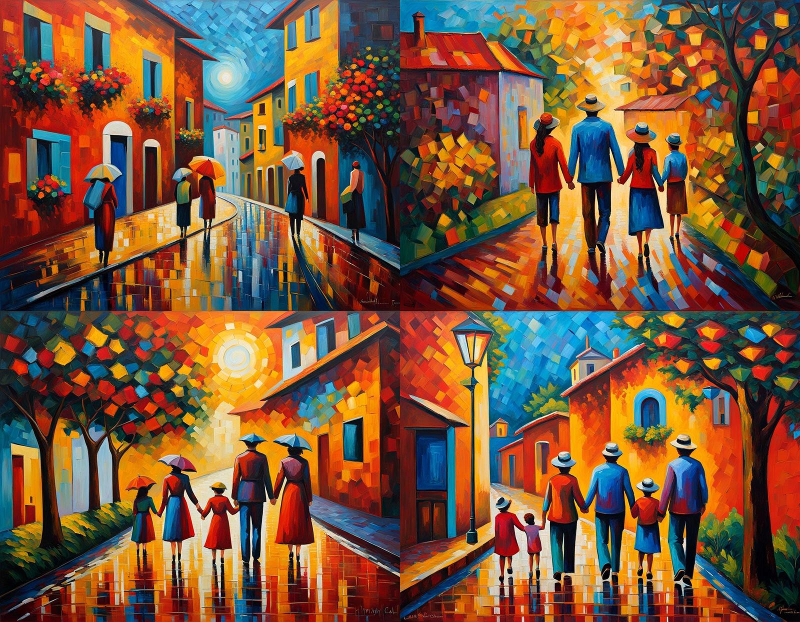 Family Celebrates in Futuristic City, Expressionist Oil Pain...