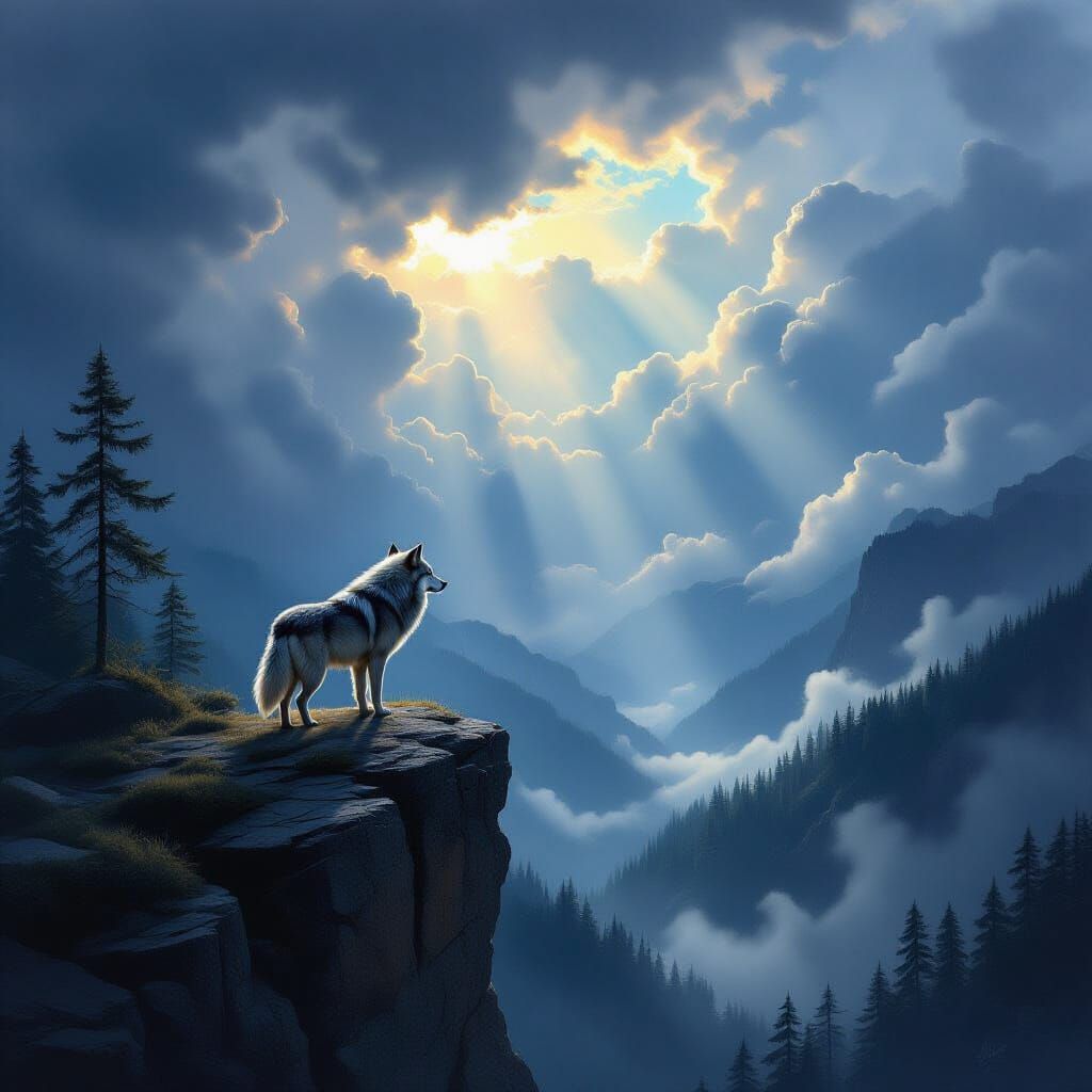 Solitary Wolf on Windswept Cliff in Mystical Realism Style