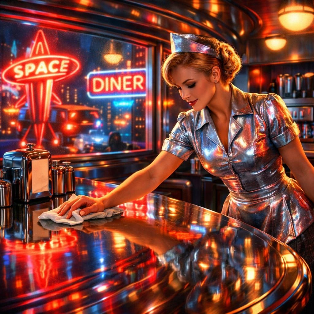Retro-Futuristic Diner Scene with Waitress in Silver Uniform