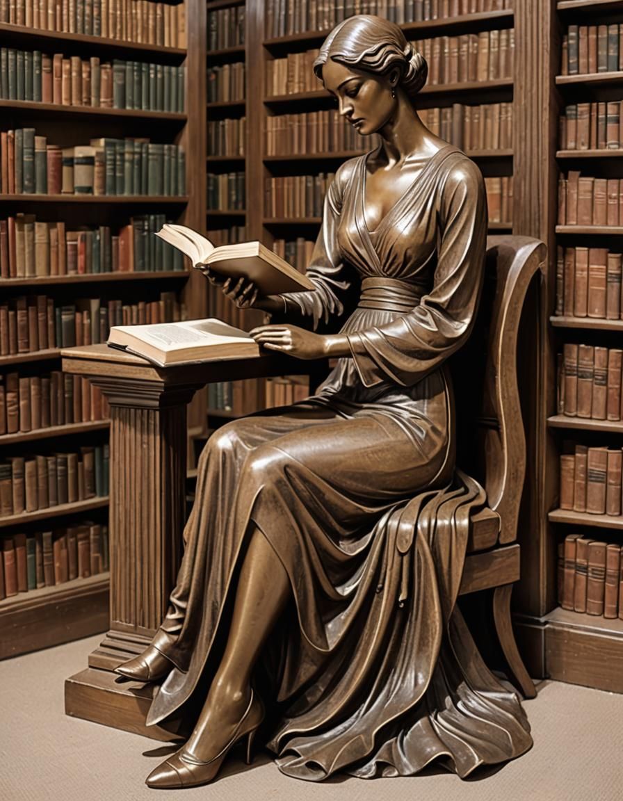 Bronze Statue of Woman Reading in Library